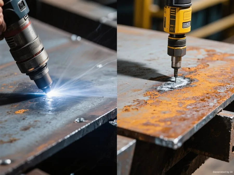 Laser cleaning removing rust from a steel plate