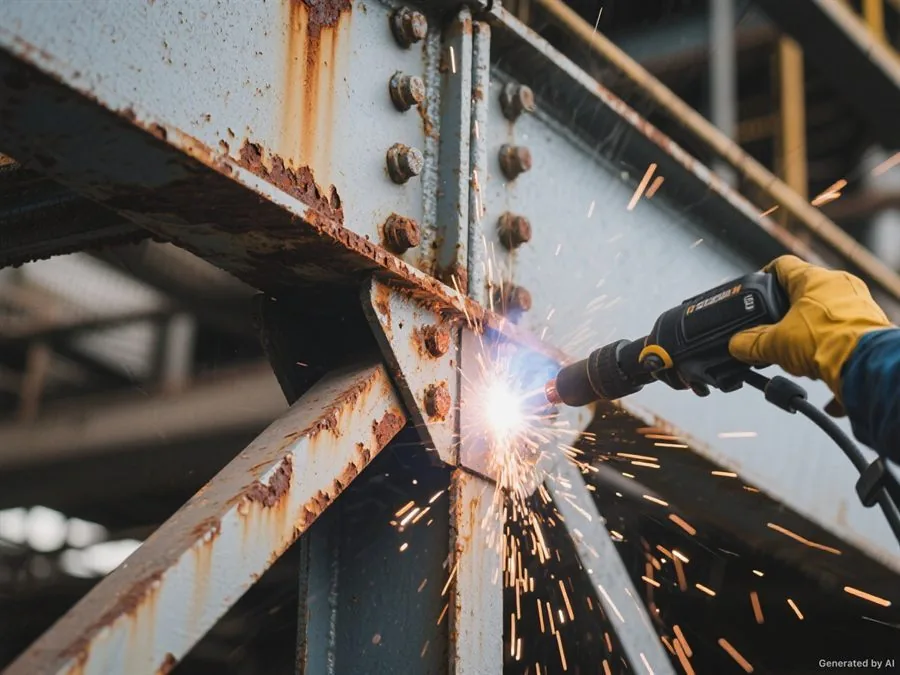 Laser cleaning removing rust and paint from a steel structure