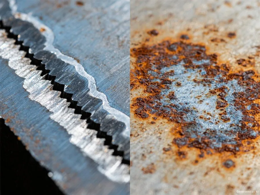 Steel surface before and after laser rust removal