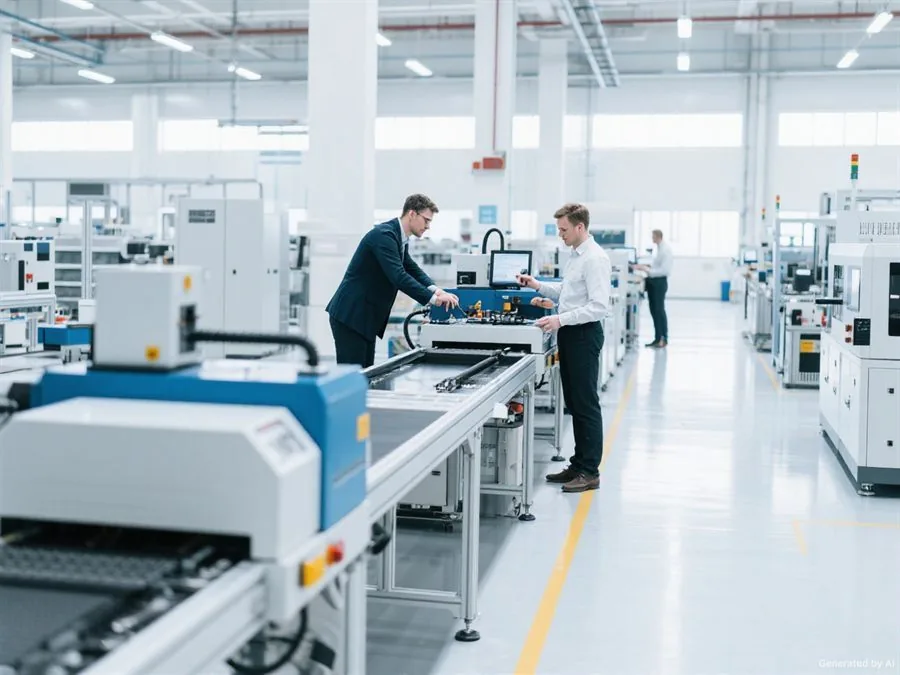 Engineers assembling and testing industrial equipment on a factory line