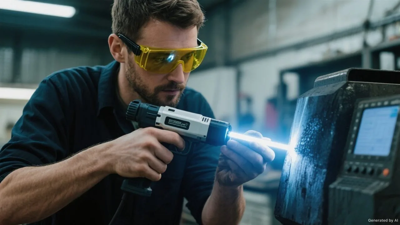 Technician using a laser cleaning machine on industrial metal