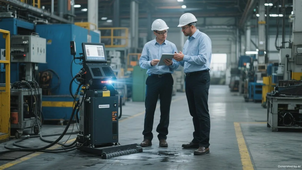 Engineers discussing a laser cleaning application