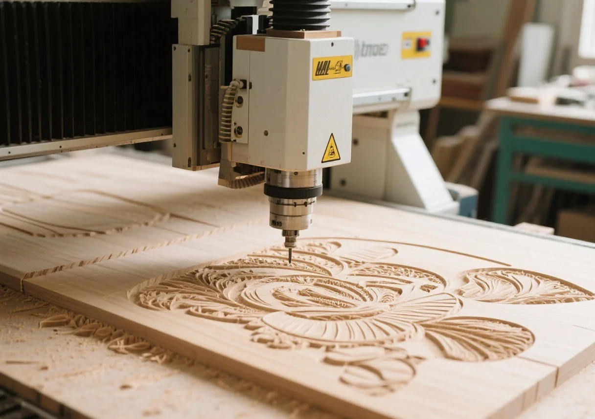 CNC router engraving a wood panel in a workshop