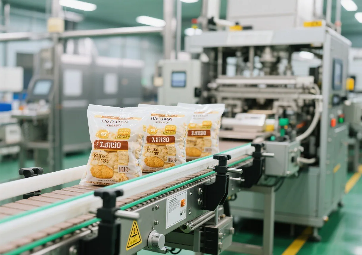 Automated packaging and date coding line in a food factory