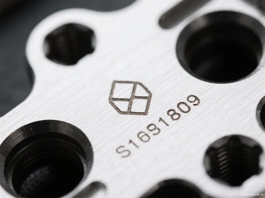 Laser marked serial numbers, QR codes and logos on metal parts