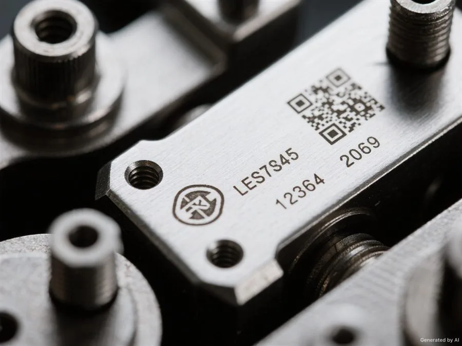 Laser marked serial numbers, QR codes and logos on metal parts