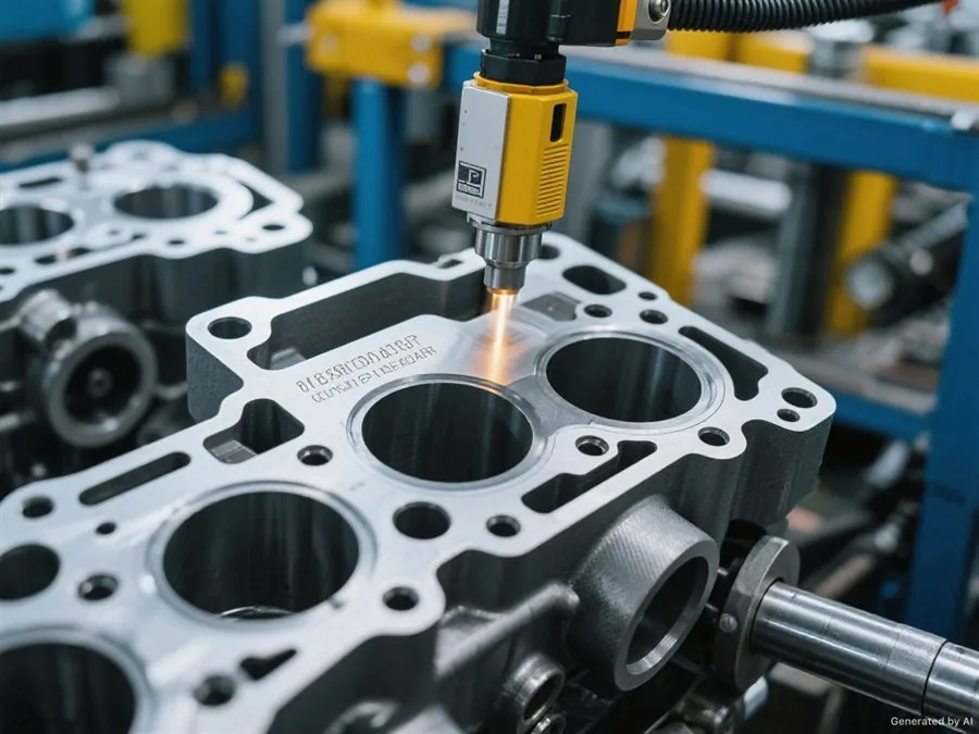 Laser marking automotive engine parts in factory production