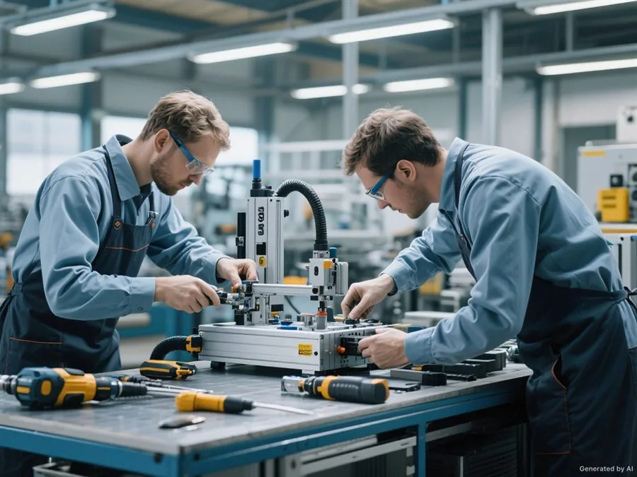 Engineers assembling laser equipment on the production floor at SP device