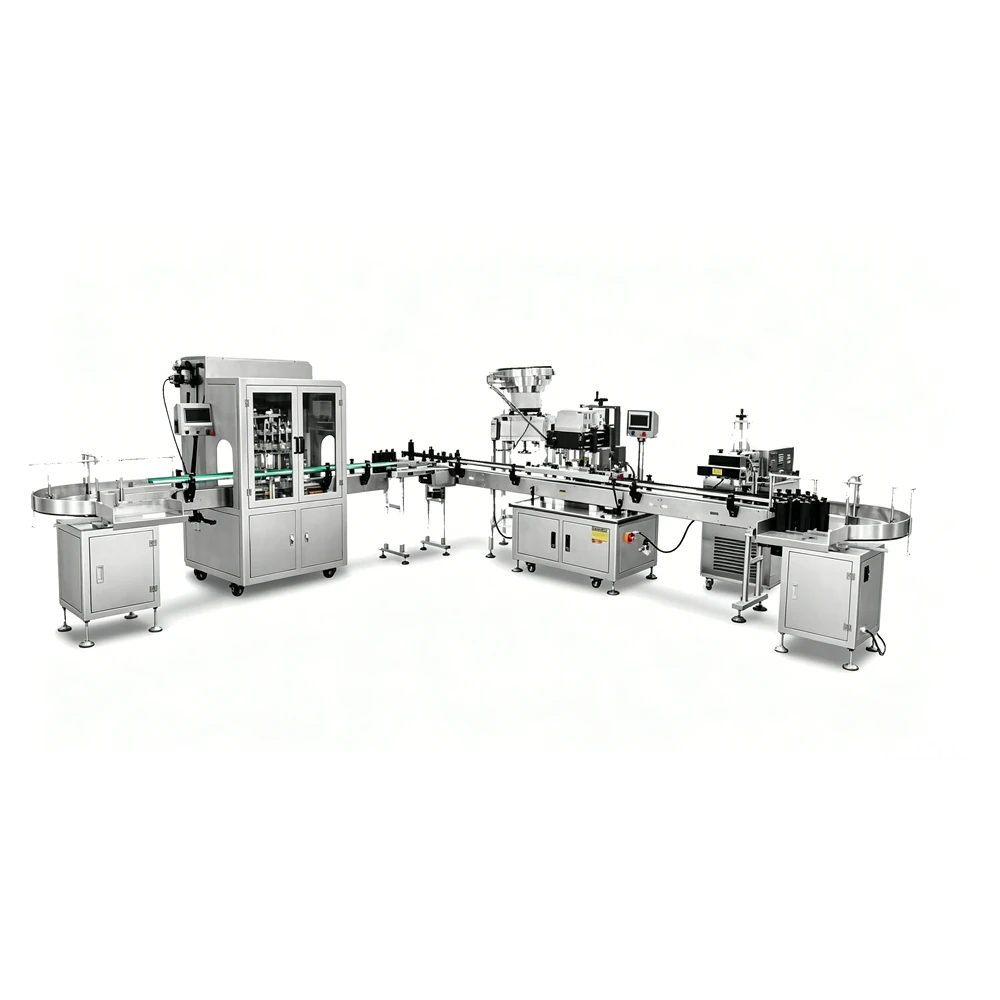 Automatic bottle filling machine filling liquid bottles on a production line