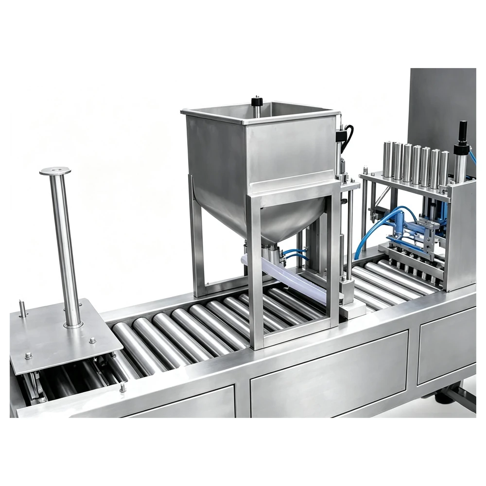 Six filling heads on the filling and sealing machine