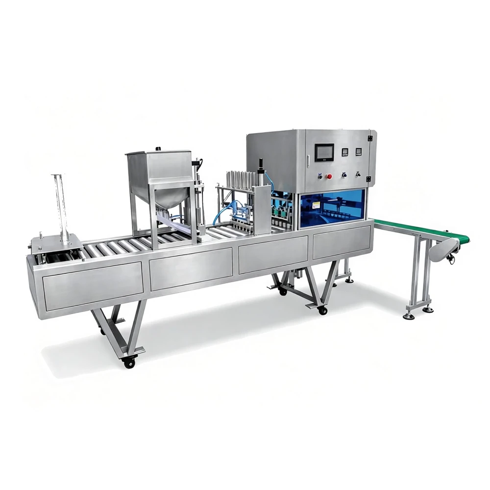Automatic filling and sealing machine with conveyor and film heat seal