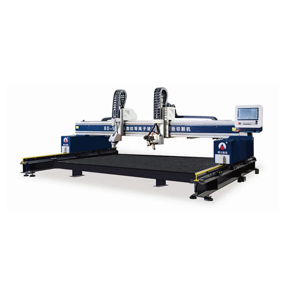 CNC plasma bevel cutting machine cutting a bevelled edge on a carbon steel plate