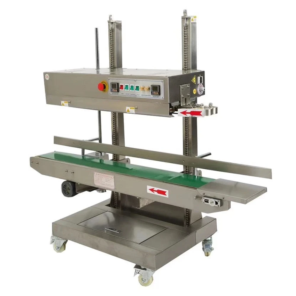 Continuous heat sealing machine sealing pouches on a food packaging line