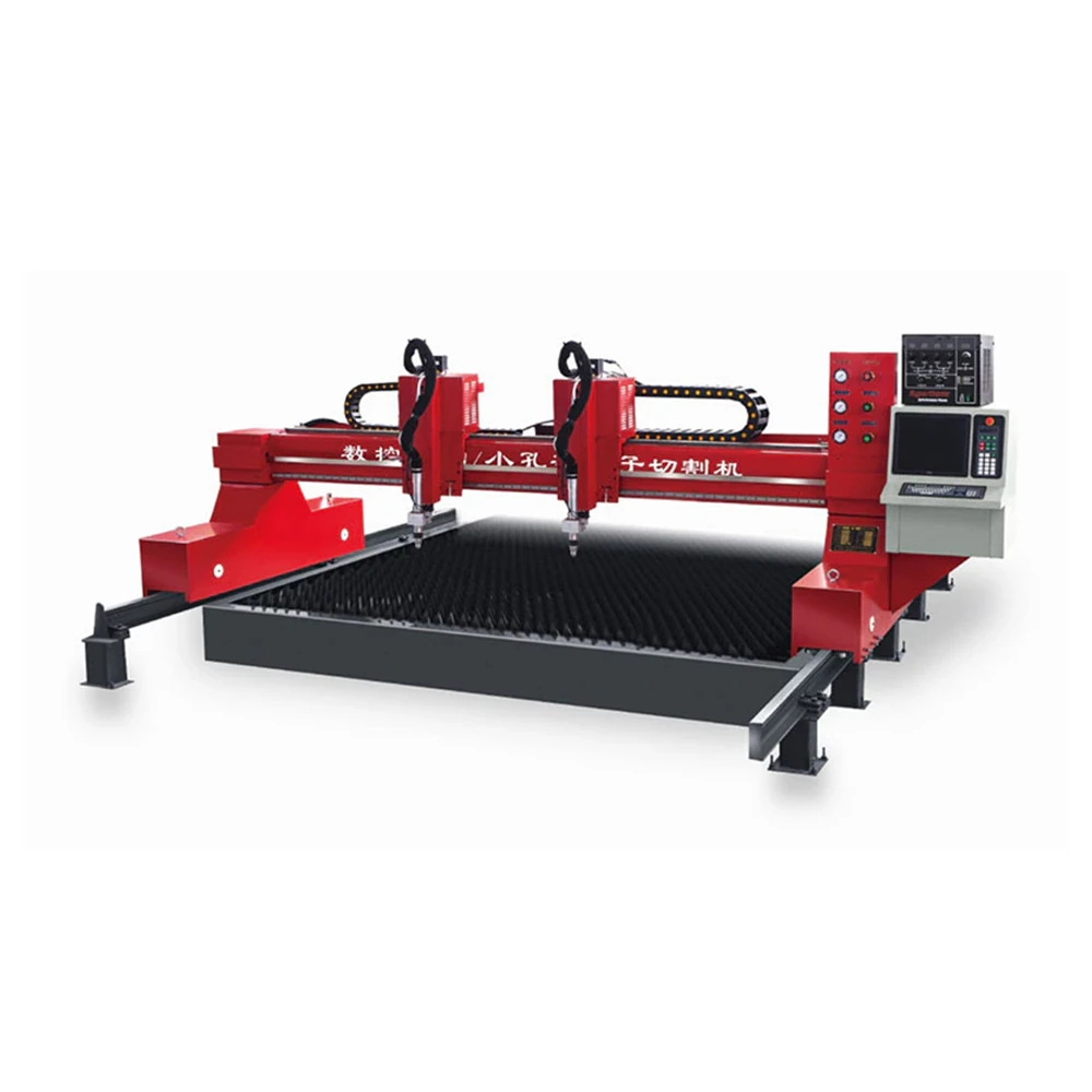 Dual-head CNC plasma cutting machine with two plasma torches on a gantry table