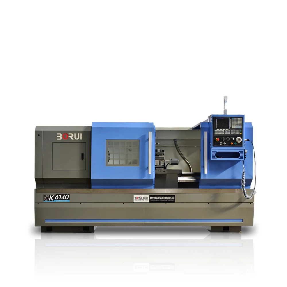 Flat-bed CNC lathe CK6140 turning a metal shaft