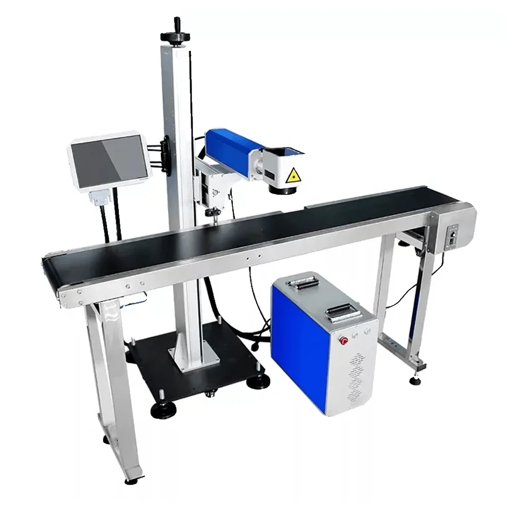 Flying fiber laser marking machine mounted on a conveyor line