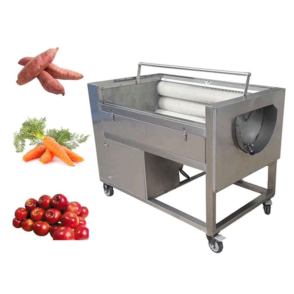 Fruit and vegetable washer with continuous brush and spray washing