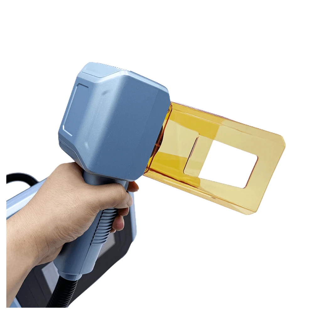Operator marking a metal part with the portable laser marker