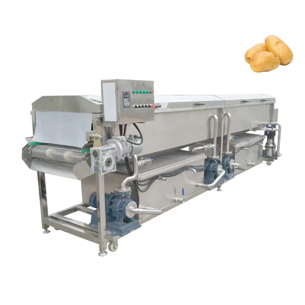 High-pressure root washing machine with 360 degree spray nozzles on a mesh belt