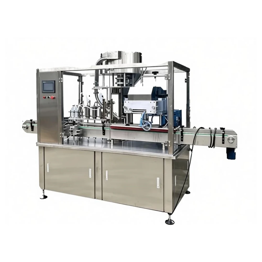 Inline automatic filling and capping machine with twelve filling heads