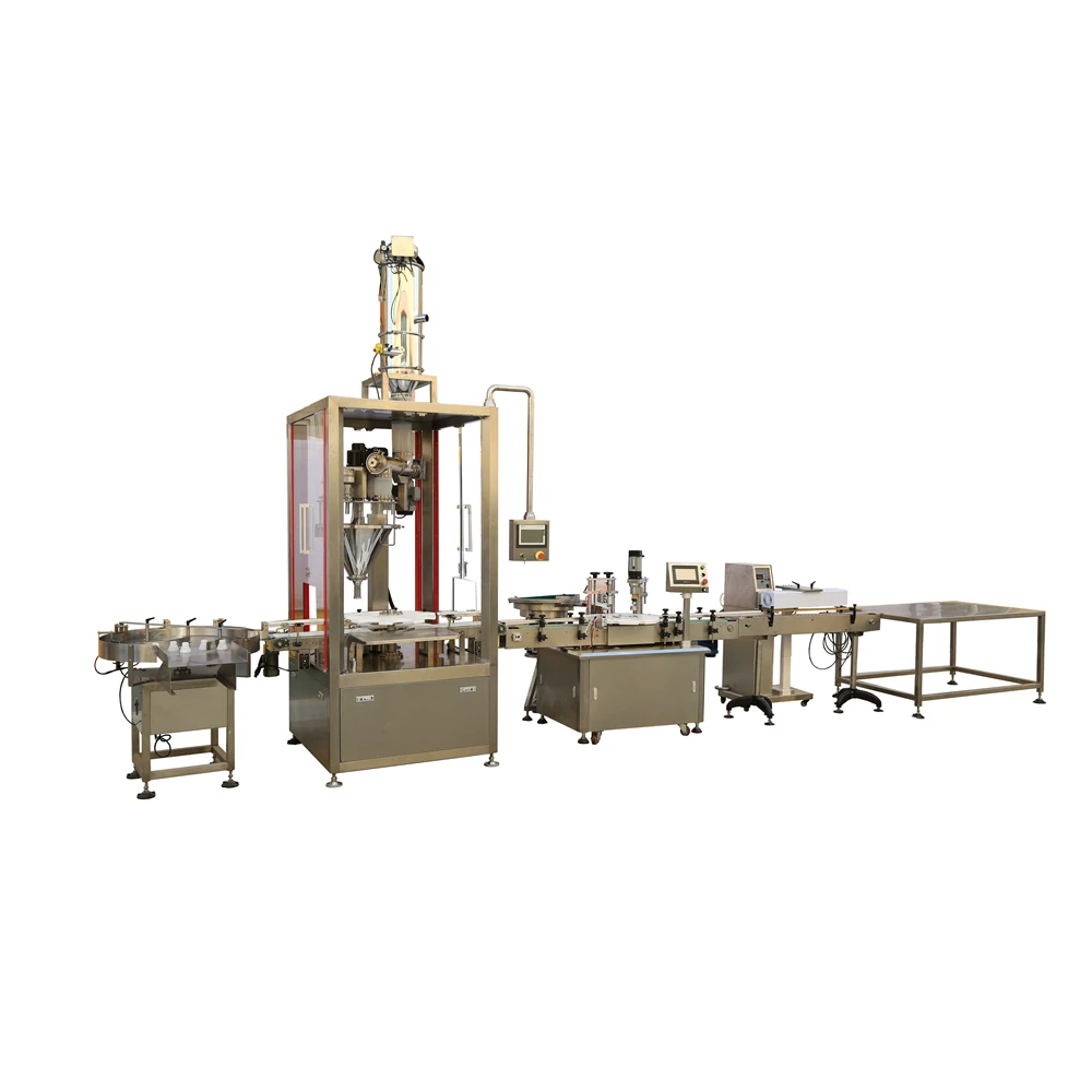 Pet bottle powder filling line with inline weigh filling and foil sealing