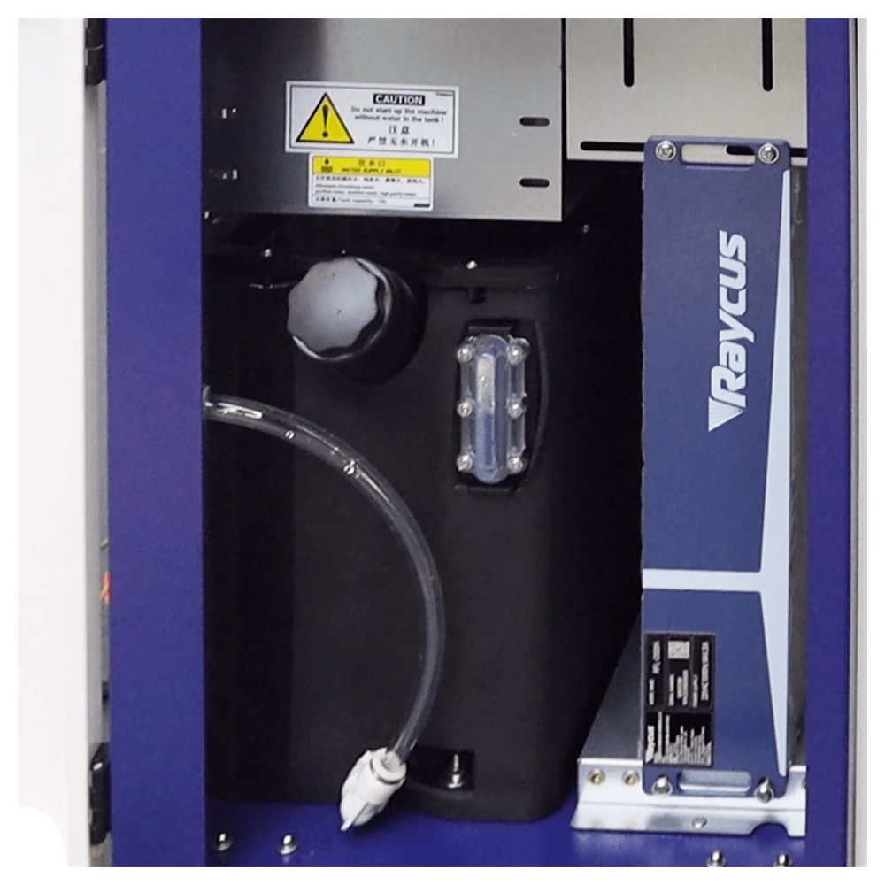 Close-up of the wobble welding head and wire feeder on a four-in-one laser welder