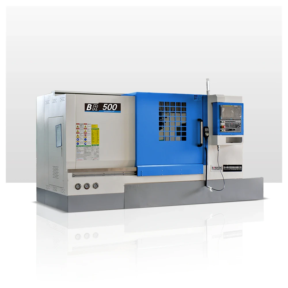 Slant-bed CNC lathe tool turret and linear guide detail